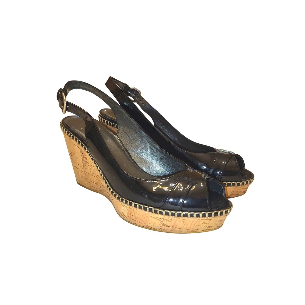 Stuart Weitzman JEAN Black Patent Leather Slingback Cork Wedge Heel Sandals 6.5